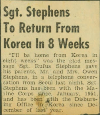 1950’s – Sgt. Stephens to Return from Korea